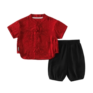 小黄鸭童装儿童中式红色礼服套装夏季男童男孩上衣男宝宝周岁衣服