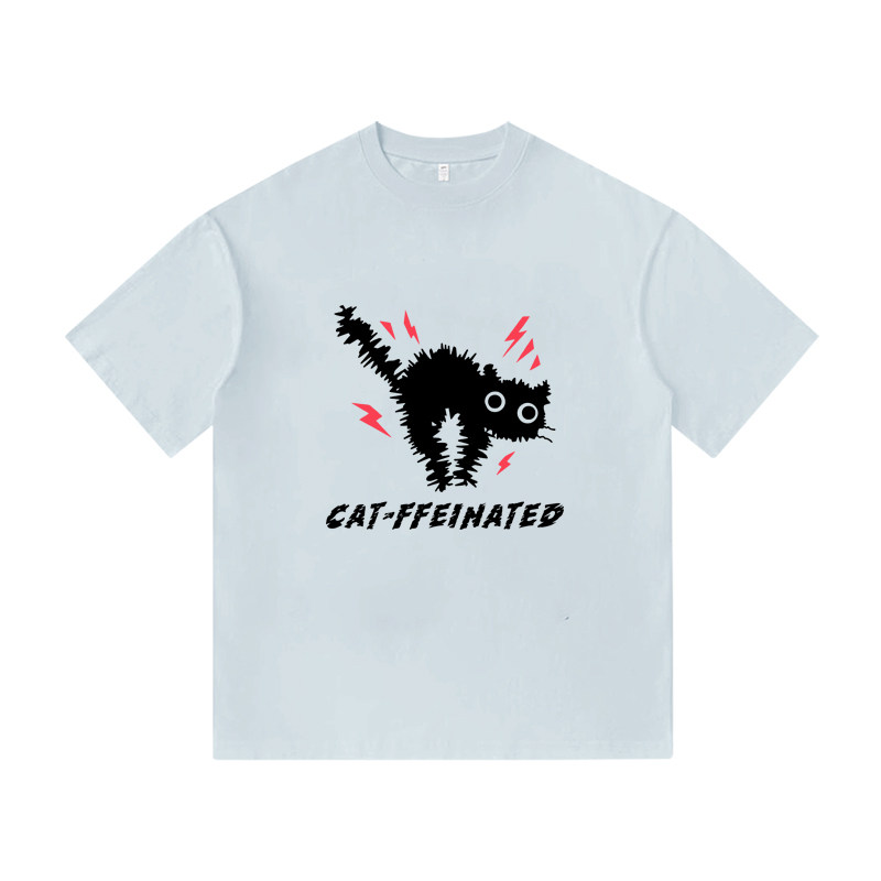 咖啡因猫暴走T恤CAT-FFEINATED谐音梗撸猫党夏季纯棉男装短袖上衣