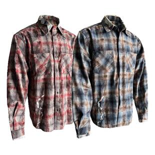 蕾丝格纹泼墨衬衫男春秋休闲宽松美式复古格子衬衣百搭个性上衣男