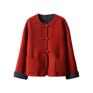 一丝牵100%超细澳毛正反两穿新中式双面呢羊毛大衣毛呢短外套女冬