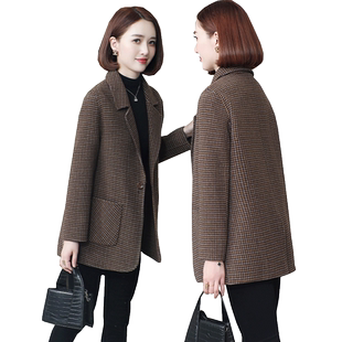 千鸟格西服外套女复古中年妈妈短款小个子双面呢大衣2023秋冬新款