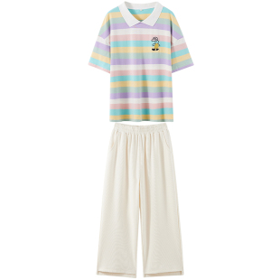 套装夏季少女高中初中生条纹短袖短裤休闲运动套装上下两件套服