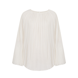 miorastudio法式柔白竖条纹上衣宽松圆领喇叭袖褶皱坑条针织衫女