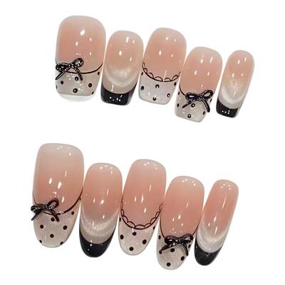 miu系蕾丝波点蝴蝶结猫眼手工甲