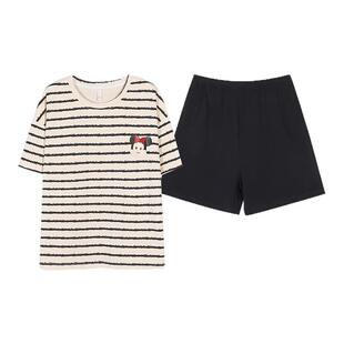 卡之恋睡衣女款纯棉夏季薄款短袖条纹短裤黑色学生韩版家居服套装