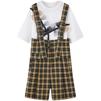 复古英伦黄格子体恤衫背带裤