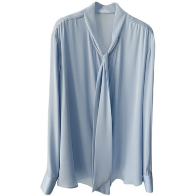 真丝女士飘带蓝色衬衫