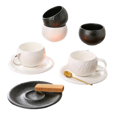 陶瓷咖啡杯碟套装家用黑白拉花杯轻奢高级下午茶杯碟蛋形杯300ml