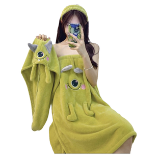 卡通大眼仔浴巾女生可穿可裹洗澡大毛巾带帽浴袍式浴裙可爱三件套