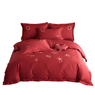中式A类100S长绒棉四件套结婚刺绣被套床笠纯棉床单红色婚庆床品