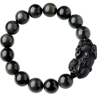 黑曜石貔貅手链女男彩眼黑耀石东海水晶玛瑙散珠子金曜石手串