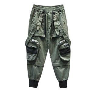 潮牌工装裤男港风机能裤子束脚宽松九分裤春季男生痞帅休闲背带裤