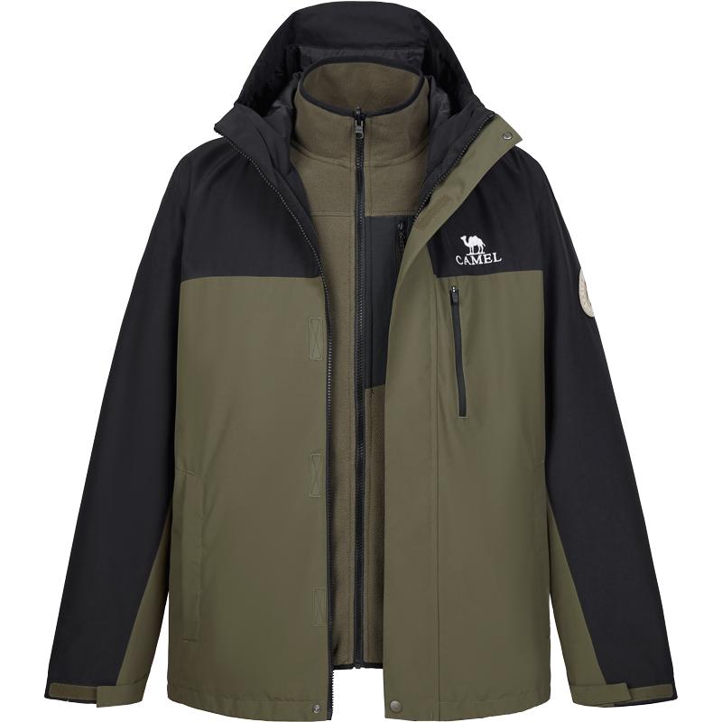 骆驼女装2024秋冬新款登山服三合一夹克女短款连帽风衣黑色外套女