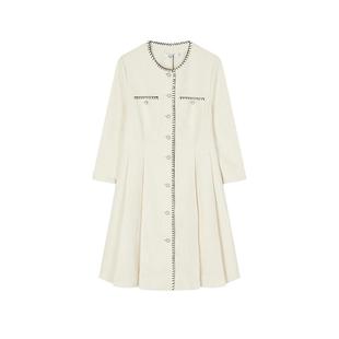 LILY冬新款女装优雅小香风撞色边圆领X型收腰七分袖连衣裙女