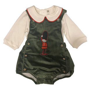 Yazi Gaga秋冬中性宝宝天鹅绒背带裤男婴童英伦风圣诞士兵连体衣