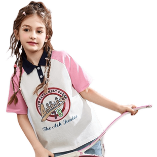 ask女童短袖POLO衫夏季新款女孩印花T恤重大童撞色上衣