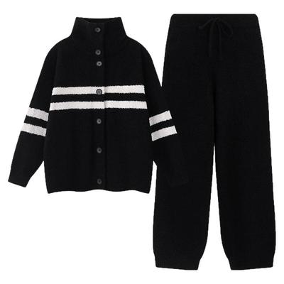 末里末深黑色条纹半边绒保暖睡衣