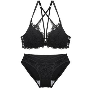 美背文胸聚拢性感小胸罩无钢圈内衣套装女中厚前扣上托黑色BRA夏