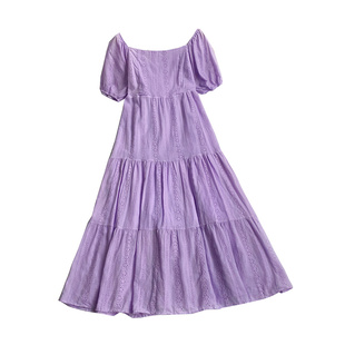 海边度假风时尚气质方领短袖刺绣镂空荷叶边中长款连衣裙女夏季