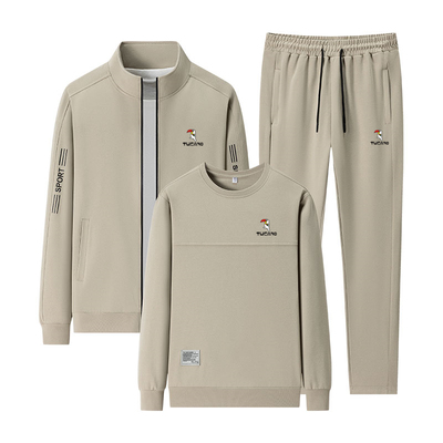 啄木鸟运动套装男士春秋季立领开衫休闲外套跑步服宽松卫衣三件套