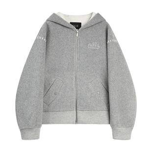 【自营】ELLE绵羊毛连帽短款双面呢大衣女2025冬新款宽松毛呢外套