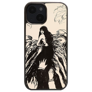 蒙克长发女子黑白版画诡谲暗黑风碳纤维钢化玻璃手机壳适用iPhone17ProMax苹果16小众艺术磨砂磁吸防摔保护套