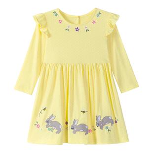 女童长袖连衣裙宝宝春秋装公主裙儿童纯棉裙子中小童T恤裙兔子黄T