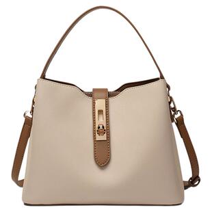 稻草人真皮包包女2026新款撞色手提水桶包小众牛皮单肩斜挎包正品