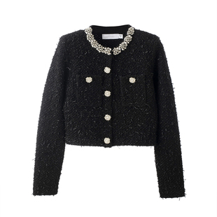 【Highline系列】S*p小香风套装 重工钻饰毛呢针织外套+半身裙秋