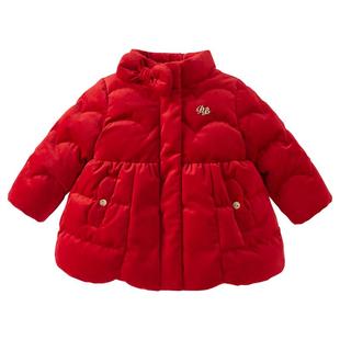 戴维贝拉女童羽绒服2025冬装新款儿童丝绒外套宝宝加厚红色拜年服