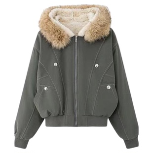 美式复古座山雕毛领外套冬小个子派克服加厚连帽棉衣设计短款棉服