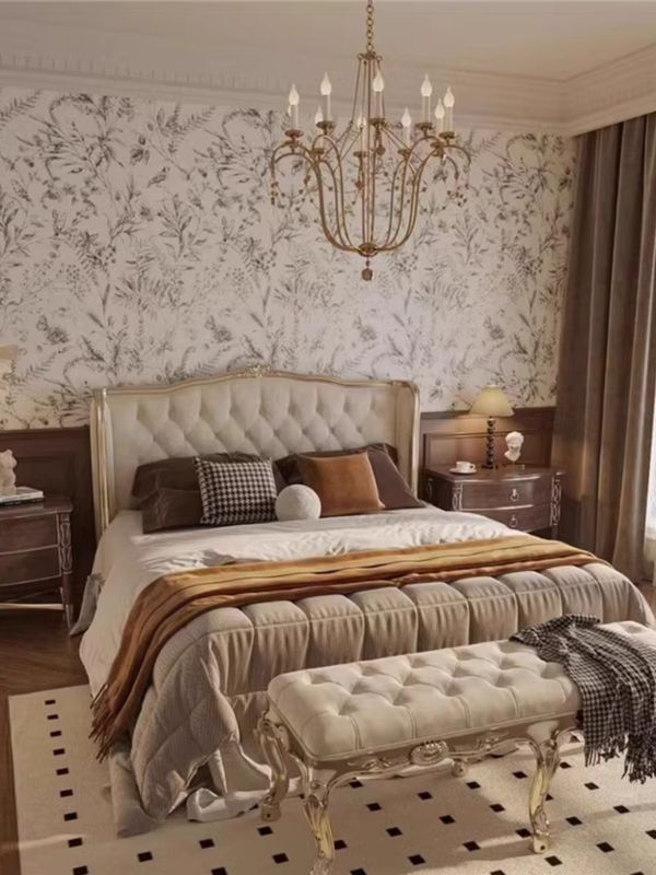 法式复古黑白花鸟壁纸卧室床头背景墙纸美式田园壁布酒店民宿壁画