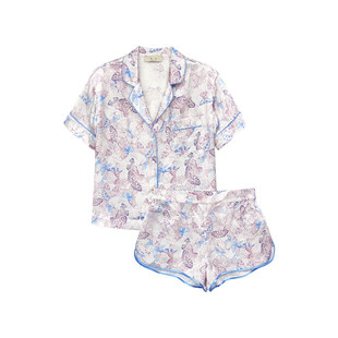 时髦印花』桑罗短袖真丝睡衣套装桑蚕丝女休闲家居服可外穿