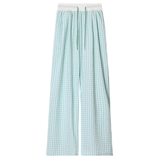 春秋小清新撞色休闲格子裤女春季2026新款宽松高腰小个子阔腿裤