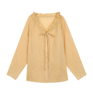 pusumede 白色木耳边v领衬衫女1OO苎麻防晒衬衣设计感气质上衣