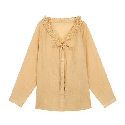 pusumede 白色木耳边v领衬衫女1OO苎麻防晒衬衣设计感气质上衣