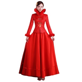 2023新款冬季红色新娘加棉敬酒服结婚优雅气质套装旗袍纱裙秀禾服