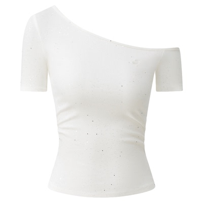 CLIMAX VISION满天星烫钻不对称斜领露肩舒弹短袖T恤女款星空tee