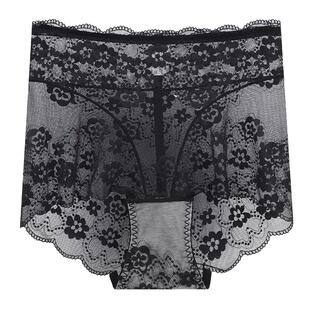 蕾丝女士内裤性感收腹提臀薄款透气高腰网纱纯棉裆三角裤红色黑色