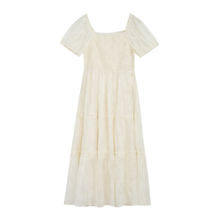 紫涵打揽印花连衣裙女夏季新款法式甜美风休闲收腰显瘦方领中长裙