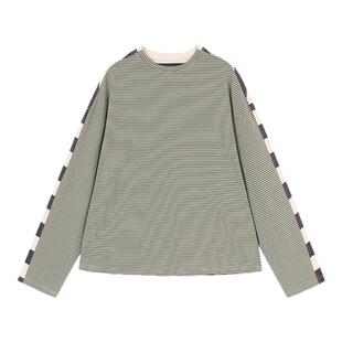 AR复古条纹miu系撞色拼接长袖T恤2026春夏宽松套头衫慵懒风上衣女