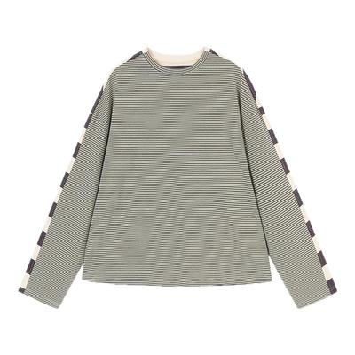 AR复古条纹miu系撞色拼接长袖T恤2026春秋宽松套头衫慵懒风上衣女