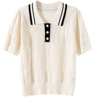 欧莎镂空提花翻领针织衫