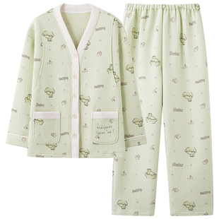 猫人秋冬季纯棉睡衣女款孕妇产后哺乳期月子服夹棉长袖保暖家居服