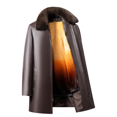 男士水貂毛领黄金貂头层绵羊皮衣