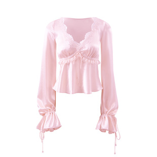 JELLOJELLO25冬醋酸蕾丝拼接花边装饰抽绳袖口上衣