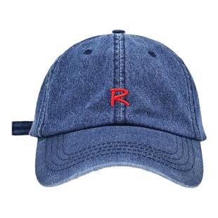 2025新款蓝色棒球帽子女秋冬显脸小R标水洗复古鸭舌帽男款牛仔帽