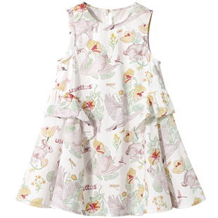 贝肽斯女童连衣裙夏季新款纯棉儿童碎花裙撞色宝宝荷叶边无袖裙子