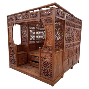 中式实木拔步床北方老榆木明清古典双人八步床仿古雕花踏步架子床