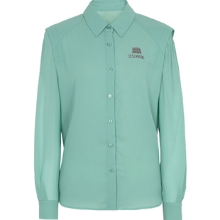 XG雪歌钉珠装饰长袖翻领衬衫时尚秋季新款湖绿色通勤简约上衣女装